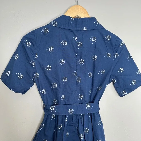 Tullette Women's XS Blue White Dot Print‎ Short Sleeve Button Down Belted Dress - Picture 9 of 10